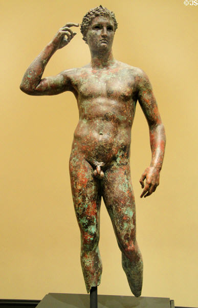 Greek bronze statue of Victorious Youth (300-100 BCE) at Getty Museum Villa. Malibu, CA.