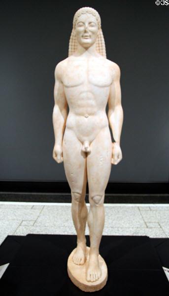 Greek marble statue (Kouros) (530 BCE or modern forgery) at Getty Museum Villa. Malibu, CA.