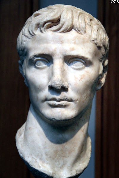 Roman marble head of Emperor Augustus (25-1 BCE) at Getty Museum Villa. Malibu, CA.