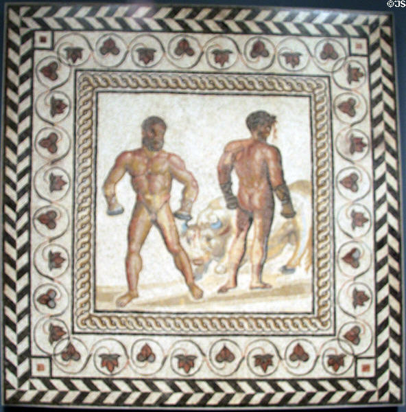 Gallo-Roman mosaic floor with boxing scene (c175 CE) from Villelaure, France at Getty Museum Villa. Malibu, CA.