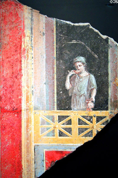 Roman plaster fresco fragment with woman on balcony (9 BCE - 14 CE) at Getty Museum Villa. Malibu, CA.