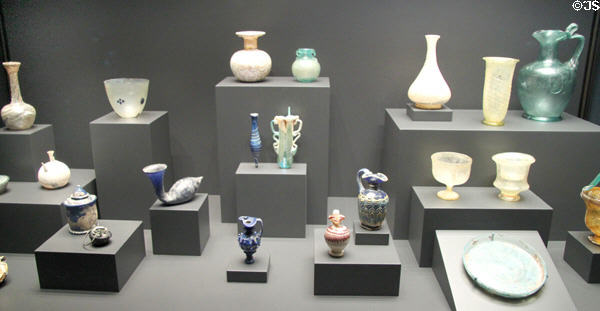 Ancient glass collection from Mediterranean world at Getty Museum Villa. Malibu, CA.