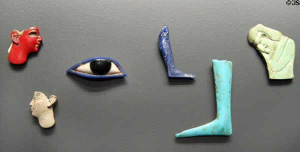 Cast glass heads, eye, legs (1540-30 BCE) from Egypt at Getty Museum Villa. Malibu, CA.