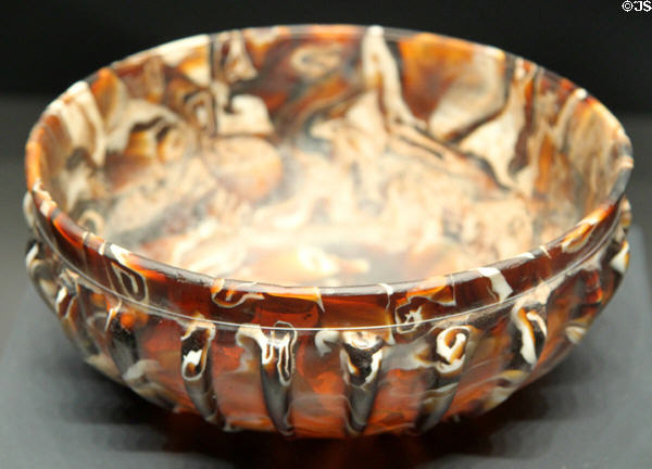 Roman brown glass ribbed bowl with white marbling (100 BCE - 100 CE) at Getty Museum Villa. Malibu, CA.