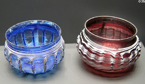 Greek or Roman glass ribbed bowls with white trails (Rippenshale) (50-1 BCE) at Getty Museum Villa. Malibu, CA.