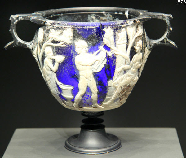 Roman cameo glass winecup (skyphos) with scenes of Bacchus & Ariadne (25 BCE - 25 CE) at Getty Museum Villa. Malibu, CA.