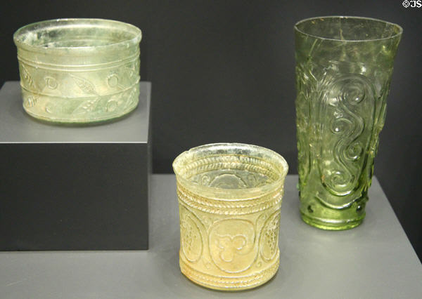 Roman mold-blown glass cups & beakers (1-100 CE) at Getty Museum Villa. Malibu, CA.