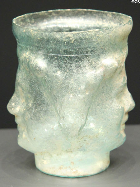 Roman mold-blown glass double-headed Janus cup (1-100 CE) at Getty Museum Villa. Malibu, CA.