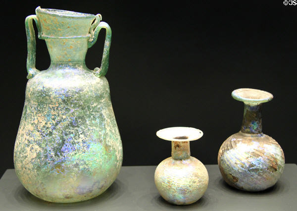Roman blown glass storage jar & sprinkler flasks with spiral ribbing (200-400 CE) at Getty Museum Villa. Malibu, CA.