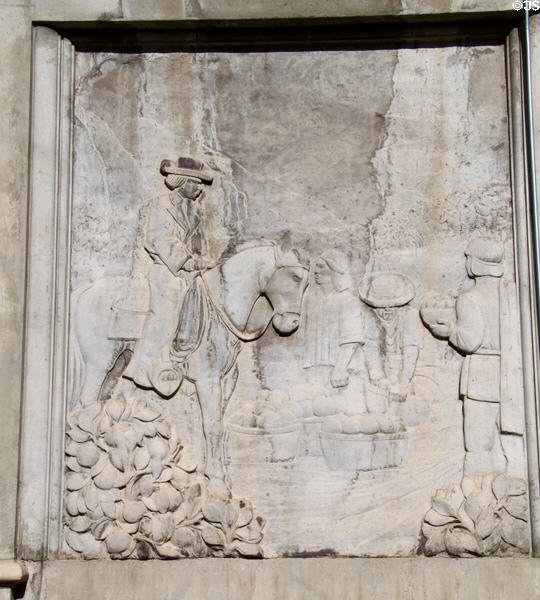 Relief of early Spanish settlers on Redlands City Hall. Redlands, CA.