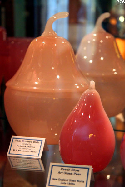 Art glass pears with one on right (c late 1800s) by New England Glass Works at Historical Glass Museum. Redlands, CA.