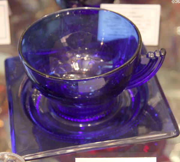 Terrace pattern cobalt blue cup & saucer (1937) by Duncan & Miller at Historical Glass Museum. Redlands, CA.