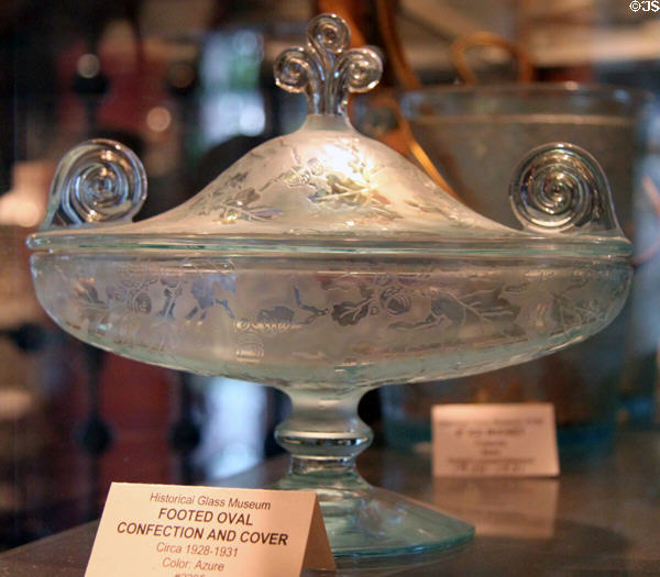 Azure glass footed oval confection bowl & cover (c1928-31) at Historical Glass Museum. Redlands, CA.
