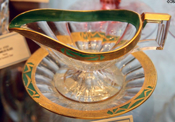 Glass sauce boat with gold trim at Historical Glass Museum. Redlands, CA.