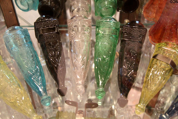 Pressed glass automobile bud vases (1895-1930s) at Historical Glass Museum. Redlands, CA.