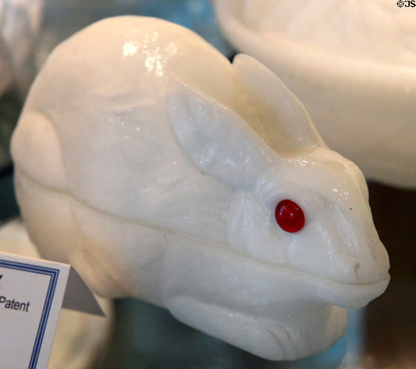 Glass box in shape of white rabbit with red eyes (1886) at Historical Glass Museum. Redlands, CA.