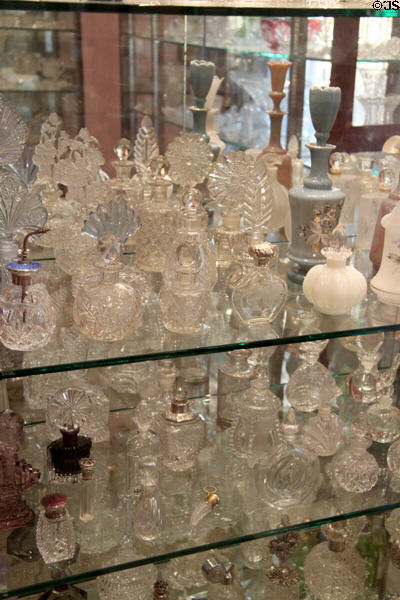 Collection of American & foreign glass perfume bottles at Historical Glass Museum. Redlands, CA.