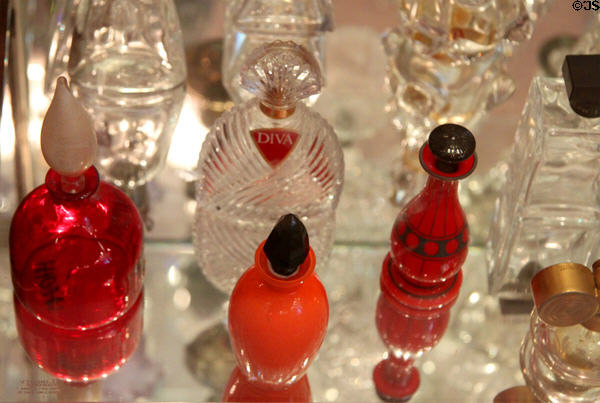 Collection of glass perfume bottles at Historical Glass Museum. Redlands, CA.