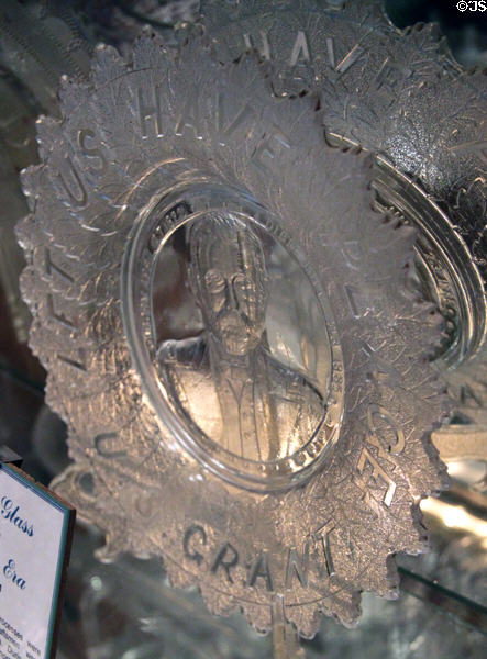Pressed glass "Let us have peace" plate commemorating U.S. Grant (1885) by Gillinder & Sons at Historical Glass Museum. Redlands, CA.