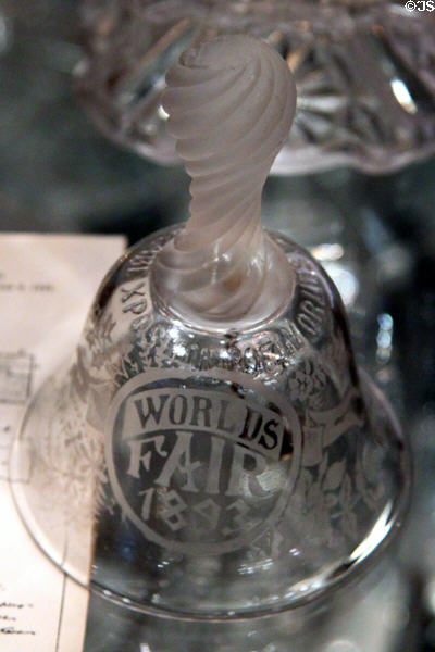 Glass dinner bell marks Chicago Worlds Fair (1893) at Historical Glass Museum. Redlands, CA.