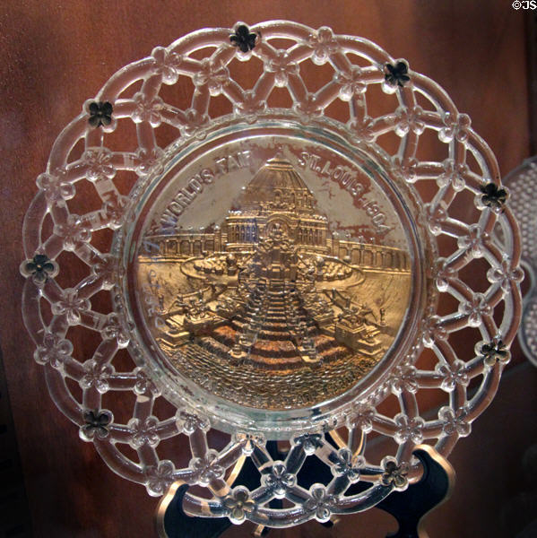 Pressed glass plate from Worlds Fair St. Louis (1904) by Westmoreland at Historical Glass Museum. Redlands, CA.