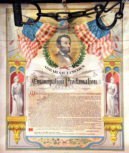 Print of Emancipation Proclamation issued for 25th anniversary (1888) of abolition of slavery at Lincoln Shrine. Redlands, CA.