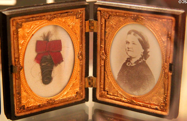 Photo of Mary Todd Lincoln & lock of her hair who died July 16, 1882 at Lincoln Shrine. Redlands, CA.