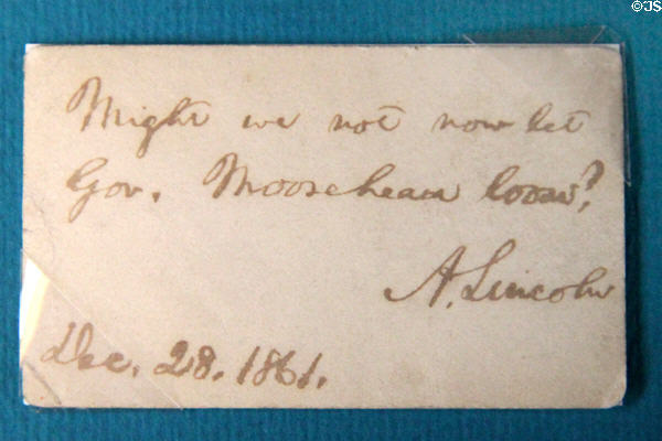 Handwritten A. Lincoln note (1861) to cabinet minister on back of letter written by petitioner at Lincoln Shrine. Redlands, CA.