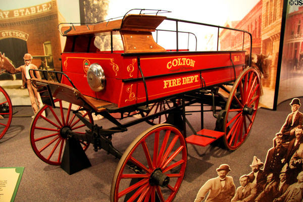 Fire wagon (1901) to carry barrels of water to fires at San Bernardino County Museum. Redlands, CA.