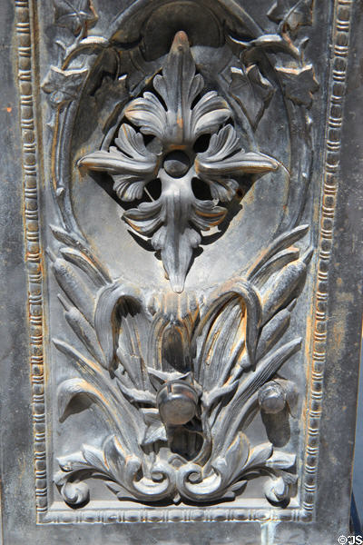 Cast iron base detail of Virtue drinking fountain with woman feeding bird (c1897) by J.W. Fiske. Riverside, CA.