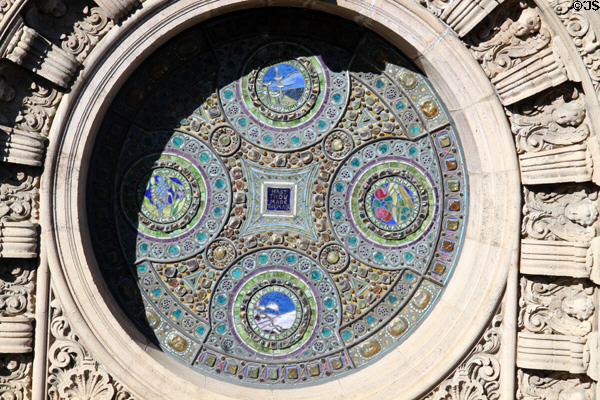 Four seasons mosaic on facade of St. Francis Chapel at Mission Inn. Riverside, CA.