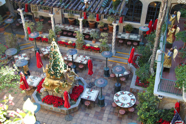 Christmas decorations in courtyard cafe at Mission Inn. Riverside, CA.