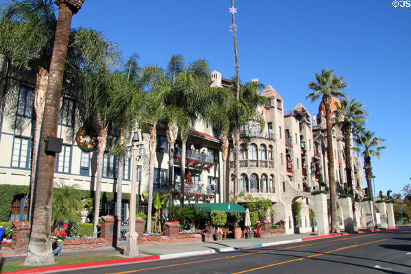 Street view of facade of Mission Inn. Riverside, CA.