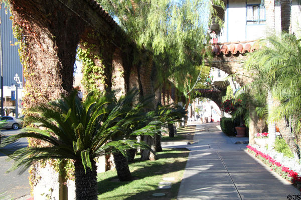 Colonnade of Mission Inn along sidewalk of Mission Inn Ave. Riverside, CA.