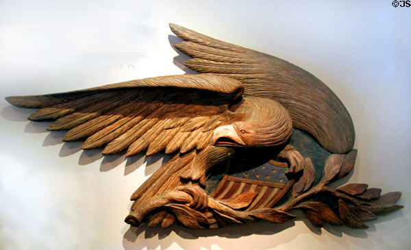 Painted carved eagle (c1845) reportedly from USS Niagara which participated in laying of Trans Atlantic cable in 1857 at Mission Inn Museum. Riverside, CA.