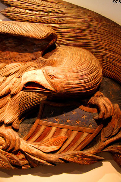 Detail of painted carved eagle (c1845) reportedly from USS Niagara which participated in laying of Trans Atlantic cable in 1857 at Mission Inn Museum. Riverside, CA.