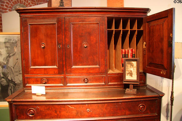 Desk (early 20thC) of Frank Miller, owner of Mission Inn, made by William D. McCann of San Francisco at Mission Inn Museum. Riverside, CA.