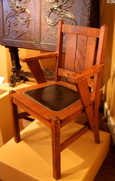 Mission-style oak chair (19thC) dating from opening when hotel was known as Glenwood Inn at Mission Inn Museum. Riverside, CA.