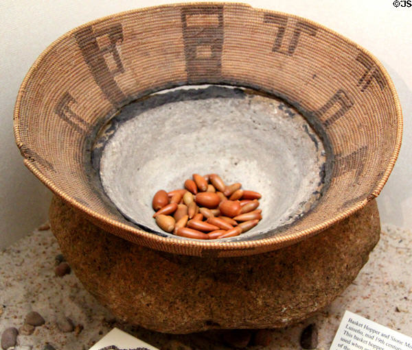 Luiseño basket hopper to keep acorns from flying out when ground on mortar stone (mid 19thC) at Riverside Museum. Riverside, CA.