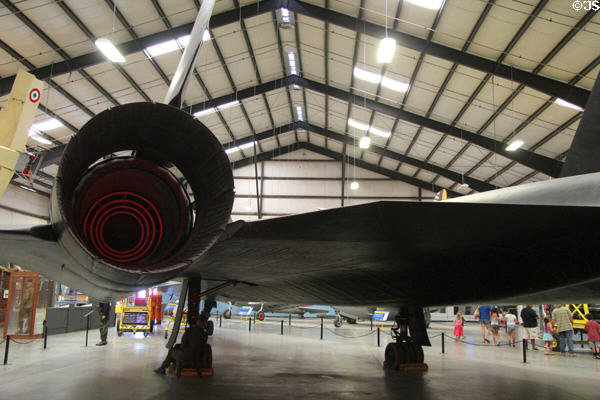 Engine of Lockheed SR-71A Blackbird titanium Mach 3.2+ general reconnaissance jet (1960s) at March Field Air Museum. Riverside, CA.