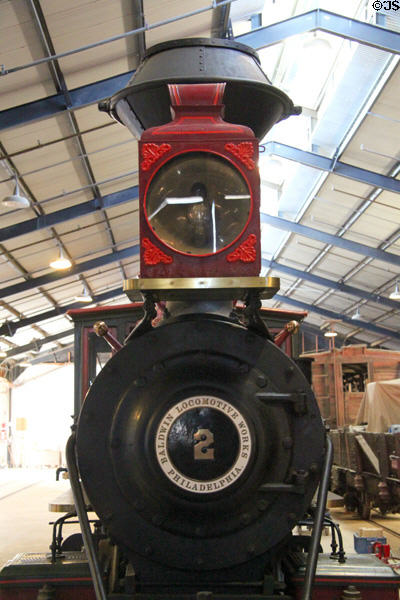 Nose & lantern of Grizzly Flats narrow gauge steam locomotive #2 (1881) at Orange Empire Railway Museum. Perris, CA.