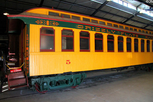 Grizzly Flats narrow gauge railway passenger car at Orange Empire Railway Museum. Perris, CA.