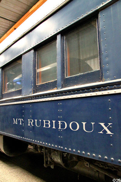 Riveted facade of Soo Line Business Car No54 (1914, rebuilt 1927) at Orange Empire Railway Museum. Perris, CA.