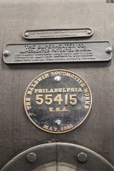 Baldwin Locomotive Works of Philadelphia makers plate (1922) on V.C. Ry. Co. steam locomotive #2 by at Orange Empire Railway Museum. Perris, CA.