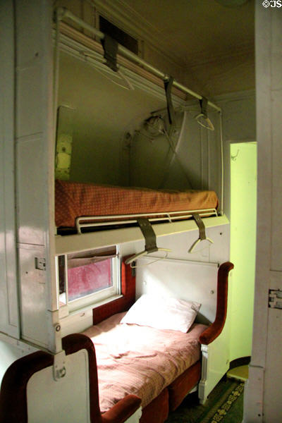 Interior of sleeping car with upper & lower berths made up for sleeping at Orange Empire Railway Museum. Perris, CA.