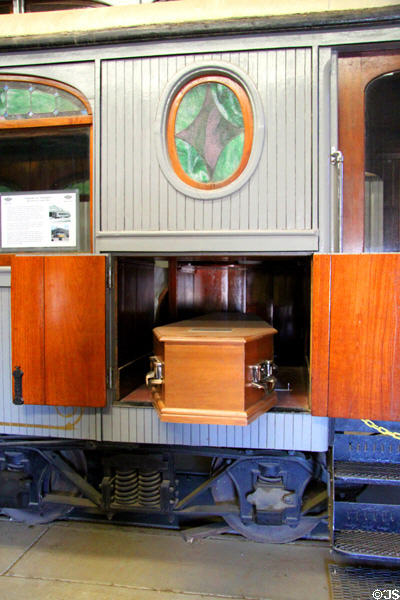 Coffin door on Funeral Car "Descanso" (1909) by Los Angeles Railway at Orange Empire Railway Museum. Perris, CA.