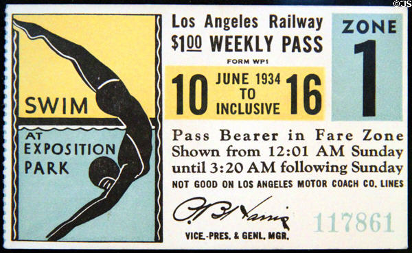 Los Angeles Railway weekly pass (June 1934) features Exposition Park at Orange Empire Railway Museum. Perris, CA.