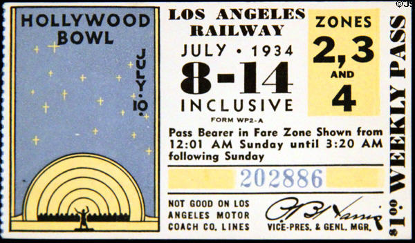 Los Angeles Railway weekly pass (July 1934) features Hollywood Bowl at Orange Empire Railway Museum. Perris, CA.