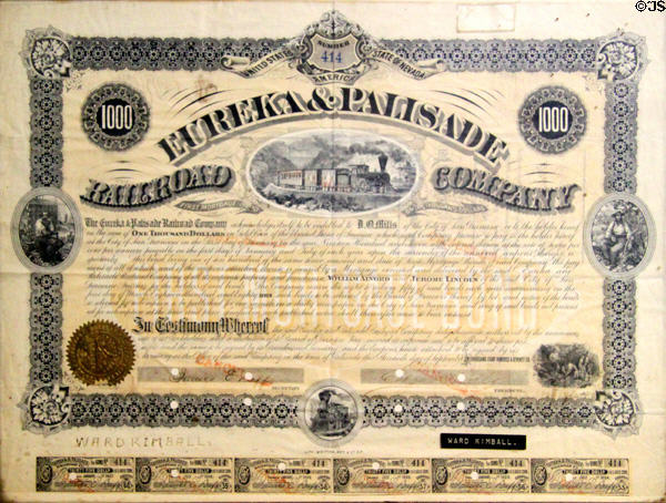 Eureka & Palisade Railroad Co. mortgage certificate (1904-7) at Orange Empire Railway Museum. Perris, CA.