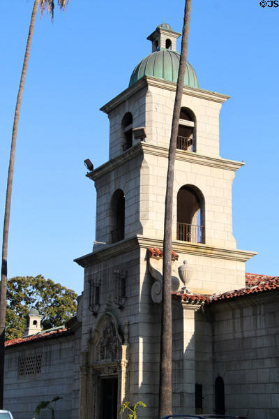 Spanish Renaissance style entrance tower of Rose Hills Memorial Park Cemetery Peace Mausoleum (1917). Whittier, CA.